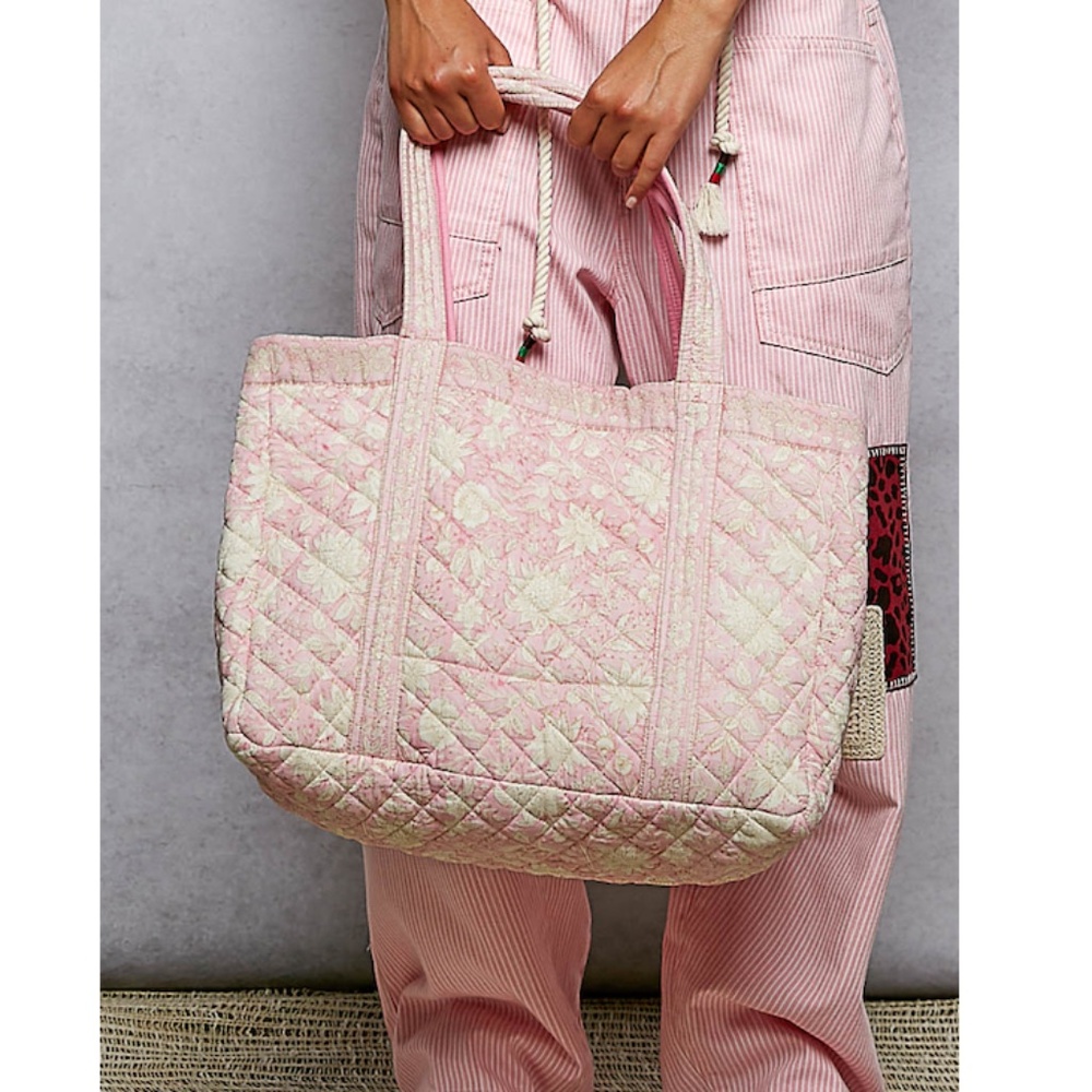 Pink/Ivory Quilted Floral Print Tote Bag
